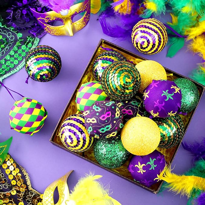 Zeyune 16 Pcs Mardi Gras Ball Ornaments 1.97" Mardi Gras Hanging Sequin Balls Decorations Purple Yellow Green Crown Mask Glitter Hanging Ornaments for Tree Carnival Holiday Party Favors