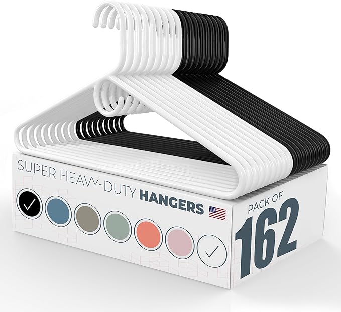 Neaties Super Heavy Duty Clothes Hangers 100+ Pack (162 Count) – Made in the USA - 10lb Capacity, Thick Plastic Hangers for Pants, Coats, Jackets, Jeans and Adult Clothing – White & Black