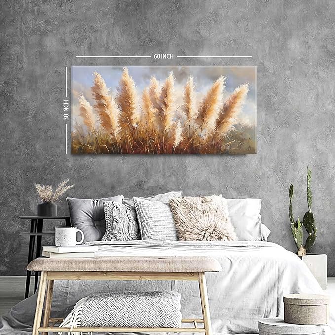 Vintage Boho Reed Canvas Wall Art Abstract Nature Plant Wall Decor Minimalist Botanical Prints Pictures Dried Reeds Flowers Poster Painting Artwork for Living Room Bedroom Home Decoration 29.53x57.87"