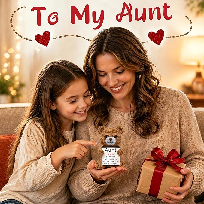 WELLBANEE Cute Aunt Gift from Niece Nephew, Handmade Crochet Bear, Best Appreciation Gifts, Funny Birthday for Auntie, Sentimental Appreciation Gift for the Best Aunt Ever, Shelf Décor Bear