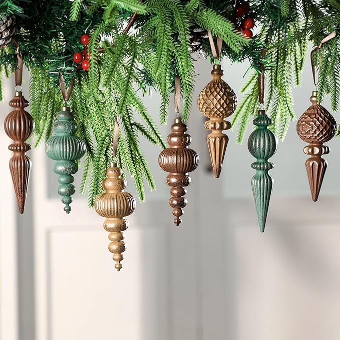 Yunlly 18 Pcs Neutral Christmas Ornaments Textured Christmas Tree Decor with Hanging Loop Matte Shatterproof Hanging Finial Ornaments Home Decor for Xmas Vintage Rustic Farmhouse (Nostalgic Color)