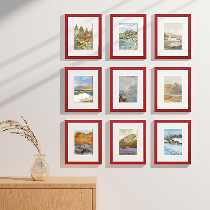 Vittanly 8x10 Picture Frames Set of 9, Shatter Resistant Plexiglass, Display 5x7 Pictures with Mat or 8x10 without Mat, Photo Frames for Wall or Tabletop, Engineered Wood, Red
