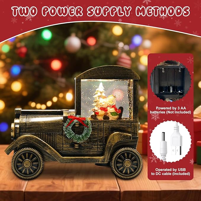 Christmas Snow Globe Lantern Truck Water Glittering Globe with Snowman 8 Music Songs Christmas Snow Globes USB & Battery Operated for Christmas Festival Decorations Gifts (Truck-Snowman)