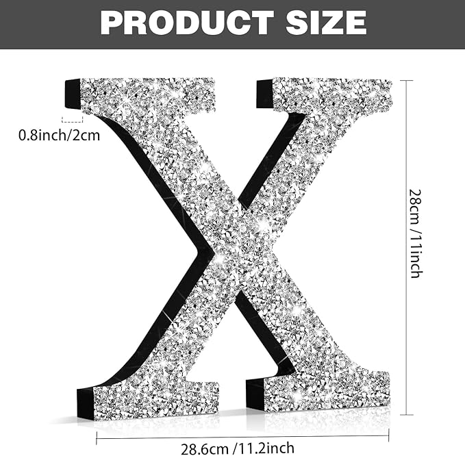Qunclay 12'' Silver Crystal Diamond Bling Letters Crushed Diamond Decoration Wooden Glitter Letter with Screw and Hooks Rhinestone Gift for Wedding Y2k Mcbling Bedroom Wall Decor (Letter X)