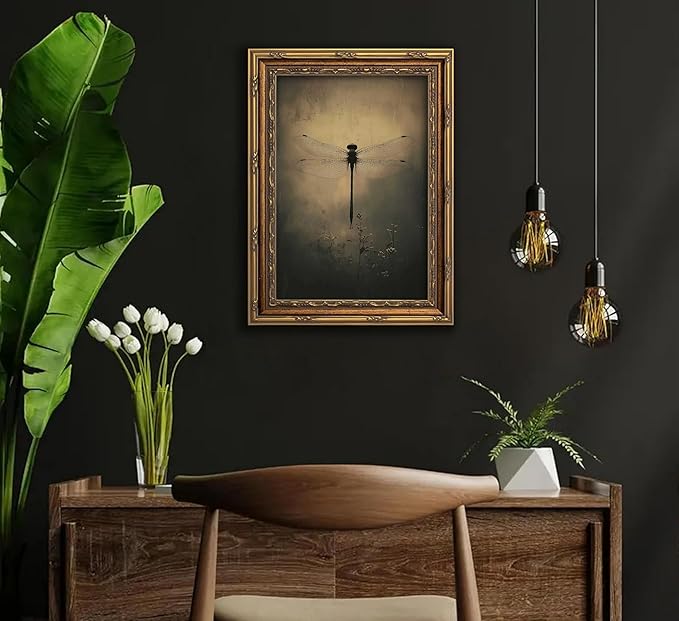 Vintage Gold Framed Wall Art Retro Dark Dragonfly Painting Canvas Prints Gothic Insect Picture Wall Decor Rustic Farmhouse Animal Poster Artwork for Living Room Bedroom Bathroom, 9x11in