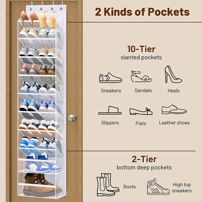 MISSLO 10 Tier Over the Door Shoe Organizer Breathable Mesh Hanging Shoe Rack for Closet Storage Shoe Holder for Door Fit 20 Pairs Sneakers, Sandals, Heels, Boots (White)