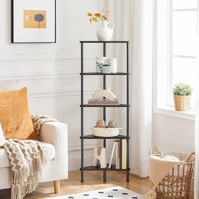 HOOBRO Corner Shelf Stand, Industrial 5-Tier Wall Corner Bookshelf with Metal Frame, Plant Display Shelf, Bookcase for Small Spaces, Bedroom, Living Room, Black BK33CJ01