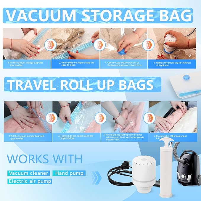 Vacuum Storage Bags with Electric Air Pump, 30 Pack Compression Bag, Space Saving Vacuum Sealer Bags for Clothes, Blanket, Duvets, Pillows, Comforters Travel, Two Compressing Ways