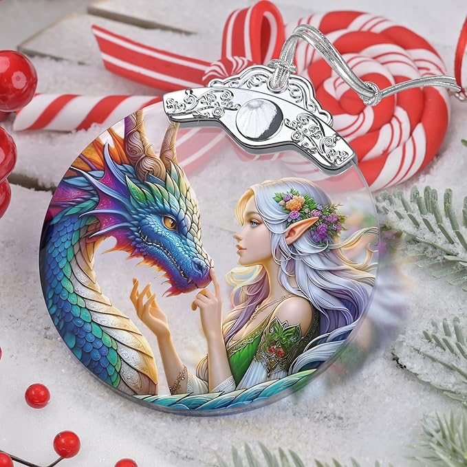 Jocidea Enchanted Elf & Dragon Christmas Ornament - Stained Glass Hanging Decor - Tree Decoration - Gift for Friends, Sisters