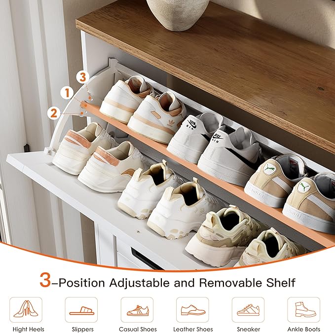 Nicetree Barn Door Shoe Cabinet for Entryway - Modern Farmhouse Shoe Storage Cabinet with 3 Flip Drawers - Slim Hidden Shoe Organizer for 24-32 Pairs - Fits Size 12 Work Boots White