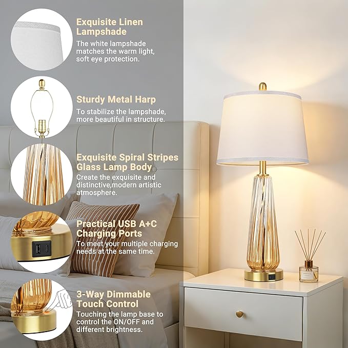 Glass Table Lamps Set of 2, Modern Bedside Lamps for Bedrooms with 3-Way Dimmable Touch Control Nightstand Lamp with White Lampshade USB A+C Ports, 27.5" Large Lamps for Living Room Decor, Champagne