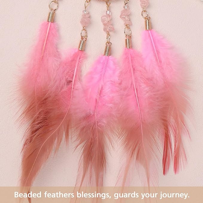 Pretty Jolly Small Tree of Life Crystal Stone Dream Catchers Pink Feathers Mini Dreamcatchers for Cars Rear View Mirror Hanging Decoration Good Luck Travel Charm Bedroom Ornaments for Women Girls