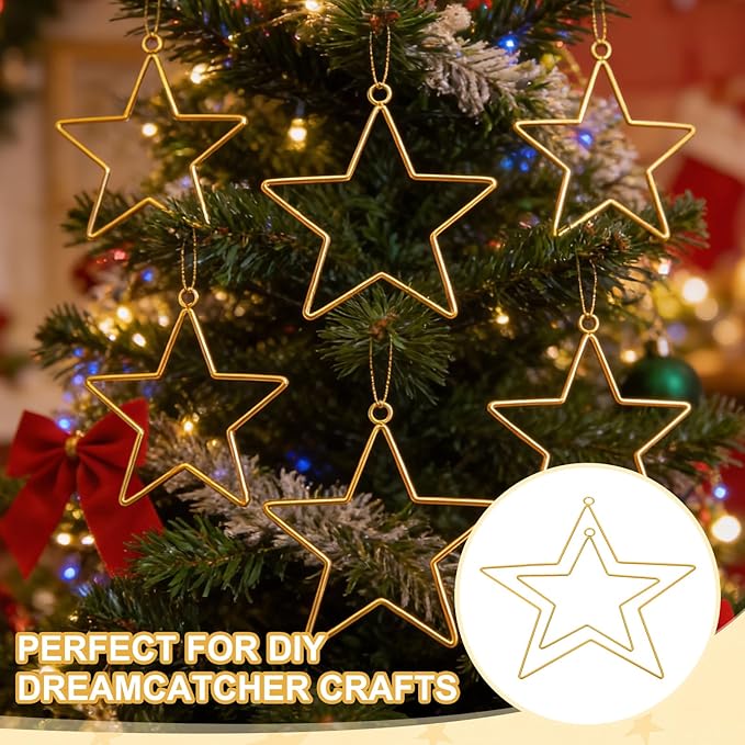 MECCANIXITY 4 Pcs Star Dream Catcher Rings, 2" Dream Catcher Metal Hoops Macrame Wreath Rings Pentagram Floral Hoops for DIY Craft Making Home Wedding Wall Hanging Decoration, Gold