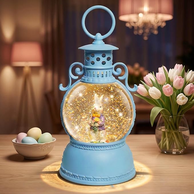 Easter Snow Globe Lantern, 9.4" Bunny Couple Lighted Snow Lantern with 6-Hour Timer, Battery or USB Powered, Spring Easter Decorations for Home, Easter Bunny Gift & Blue Easter Decor