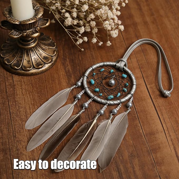 Pine & Linen Handmade Dream Catcher,Bohemian Style Car Rearview Mirror Hanging Charms Feather Pendant,Good Luck Charm for Car Accessories/Wall Hanging/Women/Gift(Silver)