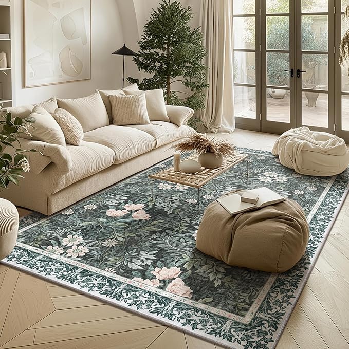 Vintage Floral with Ornate Border Washable 5x7 Area Rug, Soft Low Pile Carpet for Living Room, Dining Room Under Table, Bedroom | Non-Slip, Stain Resistant & Durable