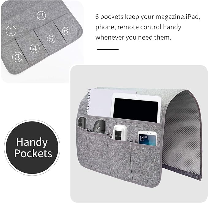 Sofa Armrest Organizer, Remote Control Holder for Recliner Couch, Arm Chair Caddy with 6 Pockets for Magazine, Tablet, Phone, iPad