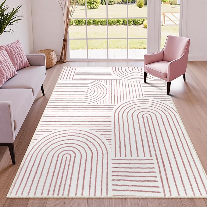 Lahome Abstract Washable Area Rugs 5x7, Soft Pink Rugs for Living Room Ultra-Thin Non-Shedding Bedroom Rug, Modern Throw Rug Large Carpet for Dining Room Office(5'x7',Pink/White)