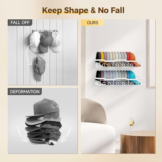 Nicetree Hat Racks for Baseball Caps Wall - Metal Hat Organizer for 48 Baseball Caps Holder, 2 Pack Hat Storage Organizer for Closet, Bedroom, Living Room White