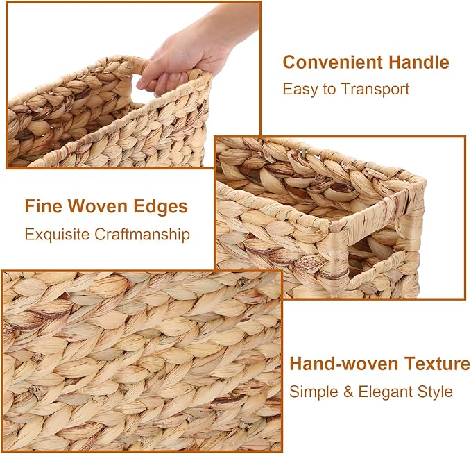 BTSKY Woven Magazine Holder, Water Hyacinth Magazine Basket, Natural Narrow Storage Basket Bin for Books & Files, Magazine Rack with Built-in-Handle for Home, Office & Desk - 15.4x5.5x9.8 Inch