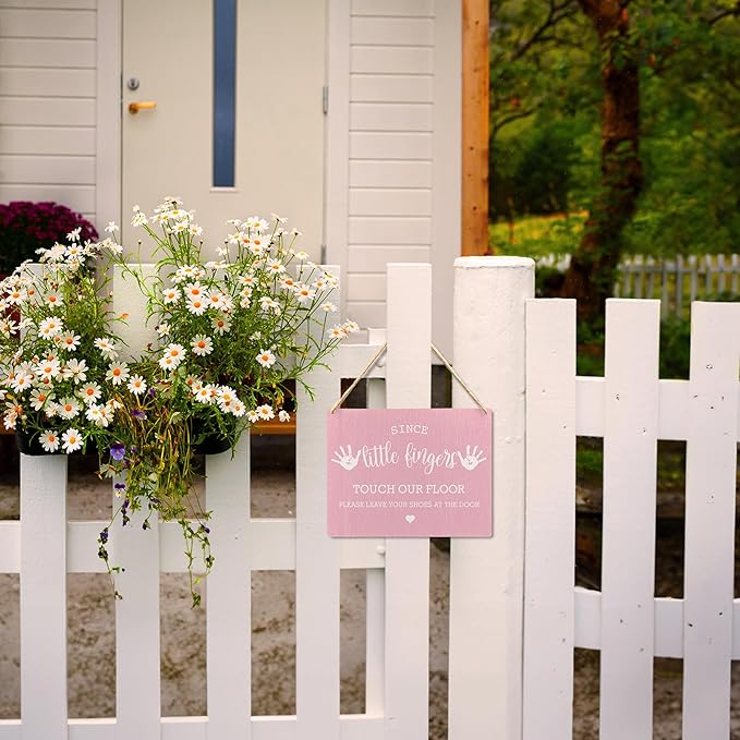 Wall Pediments Shoes Off Sign,Shoes Off Sign for Front Door,Since Little Fingers Touch Our Floor Door Sign,Please Take Your Shoes Off Sign,Shoes Off Hanging Welcome Sign for Front Door(pink)