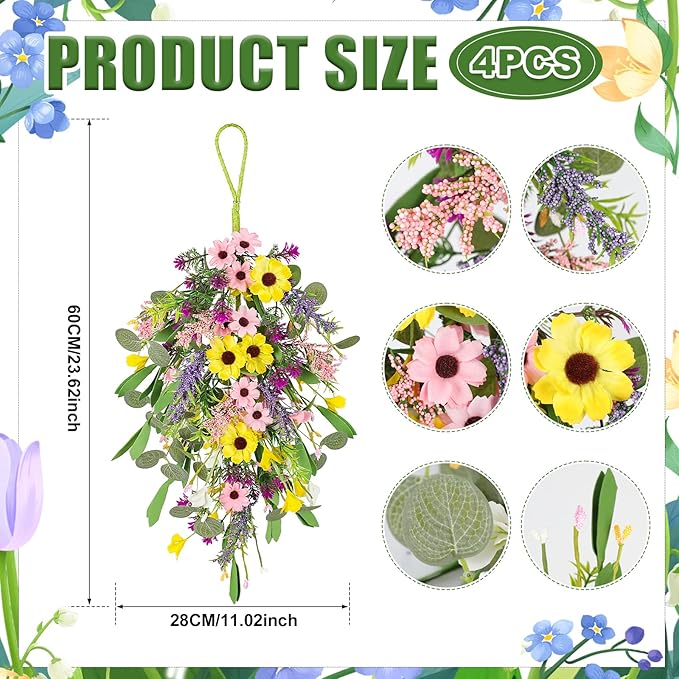4 Pcs Spring Swags for Front Door, 23.6" Artificial Floral Teardrop Swags with Sunflowers Daisies Lavender, Spring Porch Decor Swag for Farmhouse Wall Window Cabinet Easter Decorations
