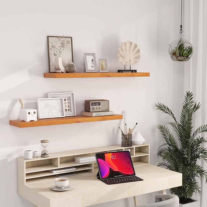 Vivelove Solid Wood Floating Shelves 36 Inches Long, 8”Deep x 1.4” Thick Wall Shelves for Bathroom, Living Room, Kitchen, Bedroom, Office, Rustic Farmhouse Home Decor, Set of 2 - Honey Oak