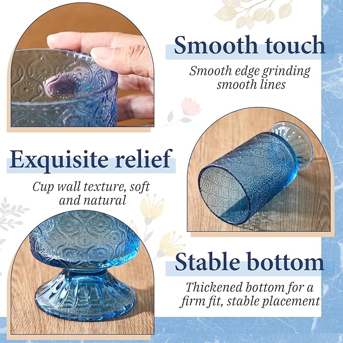 6 Pcs (H:7" W:4") Embossed Flower Vase Pedestal Glass Vase Big Base Thickened Crystal Vintage Vases for Valentines Day Wedding Home Decor Table Centerpiece House Warming Gifts(Blue)