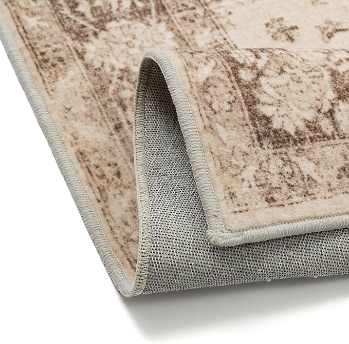 Brown 8x10 Area Rug Washable Vintage Living Room Carpet Non Slip Retro Distressed Low Pile Soft Oriental Medallion Thin Large Throw Rug for Office Bedroom Dining Room Playroom