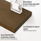 Solid Wood Floating Shelves For Wall, 24”W x 9”D x 1.56”H Large Wall Shelves for Living Room Bedroom Bathroom Kitchen Drcor Storage with Invisible Heavy-Duty Metal Bracket, Light Brown, Set of 2