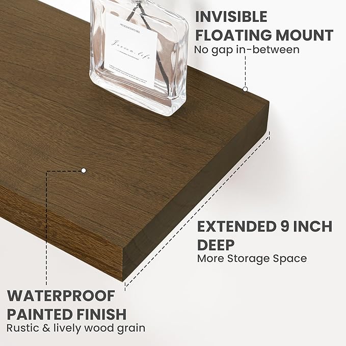 Solid Wood Floating Shelves For Wall, 48”W x 9”D x 1.56”H Large Wall Shelves for Living Room Bedroom Bathroom Kitchen Drcor Storage with Invisible Heavy-Duty Metal Bracket, Light Brown, Set of 1