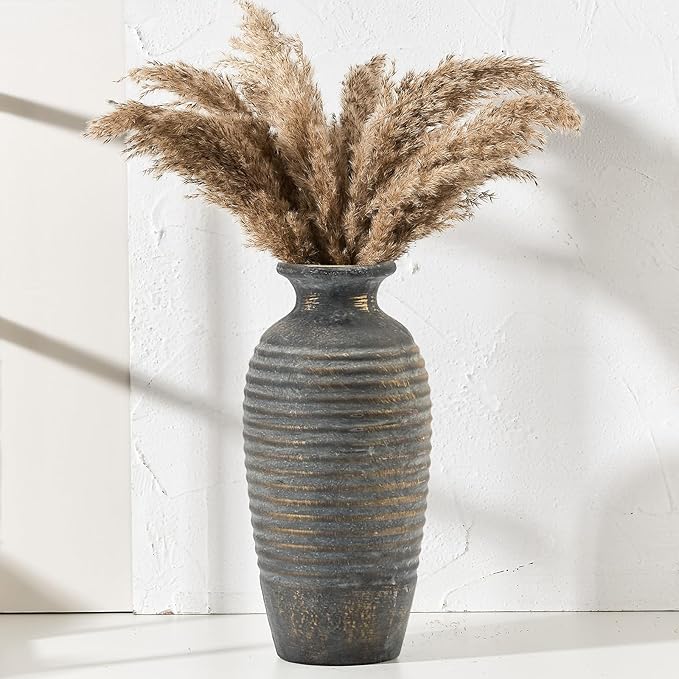 Emotionally Grounded Vase, Vaseking Large Ceramic Rustic Vase, 14.4 inch Minimalist Threaded Decorative Farmhouse Tall Vases for Home Decor, Living Room, Enterway, Table Decoration, Bronze