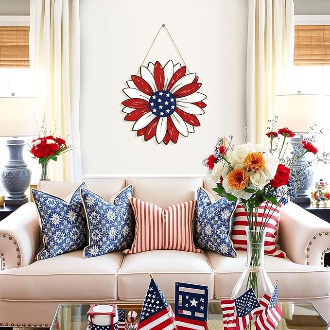 Wooden 4th of July Decoration Door Wreath for Front Door Sign Star Wall Signs, Independence Day Patriotic Day Wreath Welcome Memorial Day Hanging for Home Wall Decor Party Outdoor Indoor Flower