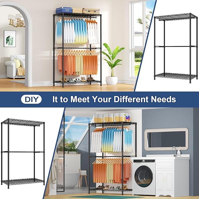 Ulif E12 Max Clothes Rack，Heavy Duty Freestanding Garment Rack with Shelves，Metal Clothing Closet Storage System for Hanging Clothes，83" W x 16" D x 76.5" H, Hold 1060 lbs，Black