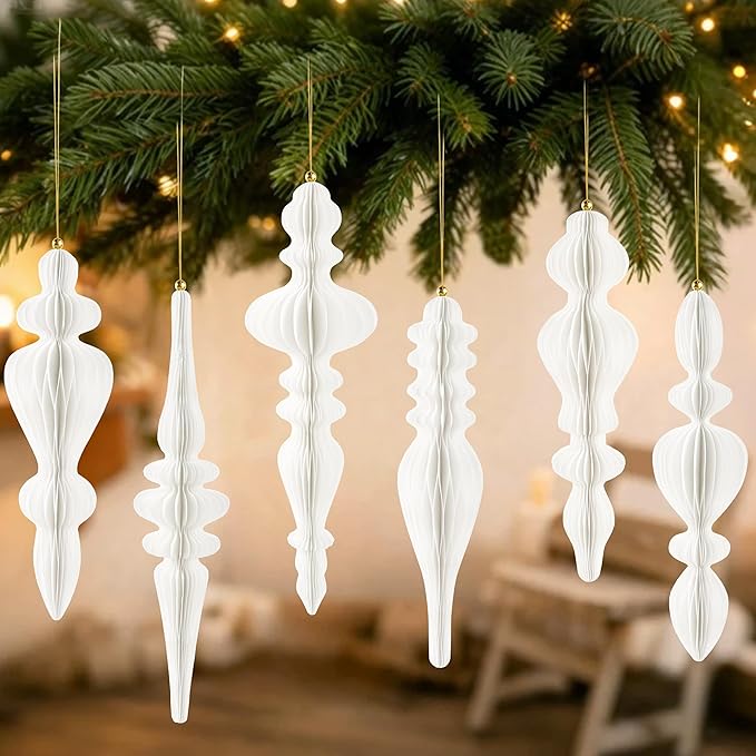 6Pcs White Finial Christmas Ornaments for Tree, 3D Paper Honeycomb Hanging Decorations Vintage Christmas Honeycomb Ornaments Lanterns for Xmas Tree Winter Wedding New Year Holiday Party Home Decor