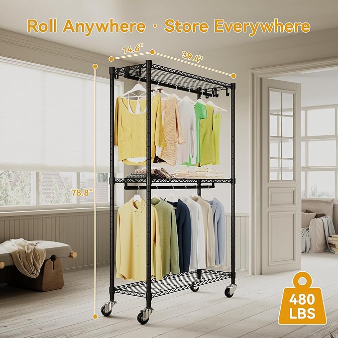 Heavy Duty Garment Rack with Wheels, H2 Plus Rolling Clothing Rack for Hanging Clothes, Load 480 LBS Portable Closet, Metal Adjustable Shelves & Double Hanging Rods for Bedroom Storage, Black