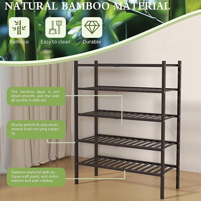 5 Tier Bamboo Shoe Rack for Closet Free Standing Wood Shoe Shelf for Entryway Small Space Stackable 27"x11"x33" (Brown)