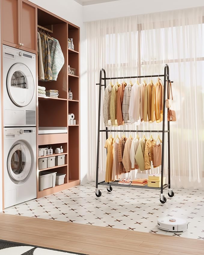 Heavy Duty Clothes Rack, Metal Clothing Rack with Double Hanging Rods, 4 Hooks & Mesh Shelf, Freestanding Garment Rack with Triangular Design for Bedroom Closet, 36.5" x 16.9" x 72.8", Black
