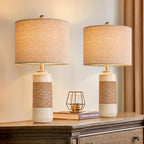 OYEARS 23.75" Bedside Table Lamps Set of 2 for Sleeping and Reading, Vintage Farmhouse Rattan Table Lamp Antique White Resin Lamp for Decoration, Office Living Room Bedside Table