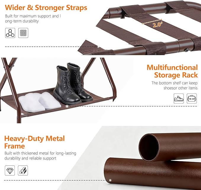 Heybly Luggage Rack for Guest Room, Pack of 2, Steel Folding Suitcase Stand with Storage Shelf for Bedroom, Hotel, Foldable Steel Frame, Guest Room 26.2" L x 14.4" W x 20.5" H, Brown HLR004Z2