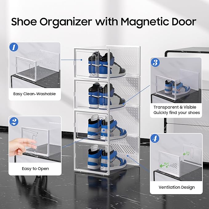 eWonLife Large Shoe Organizer Storage Box with Magnetic Door,12 Pack Clear Plastic Stackable Sneaker Containers for Closet, Connect Left and Right Shoe Box for Entryway, Drop Front, Under Bed (White)
