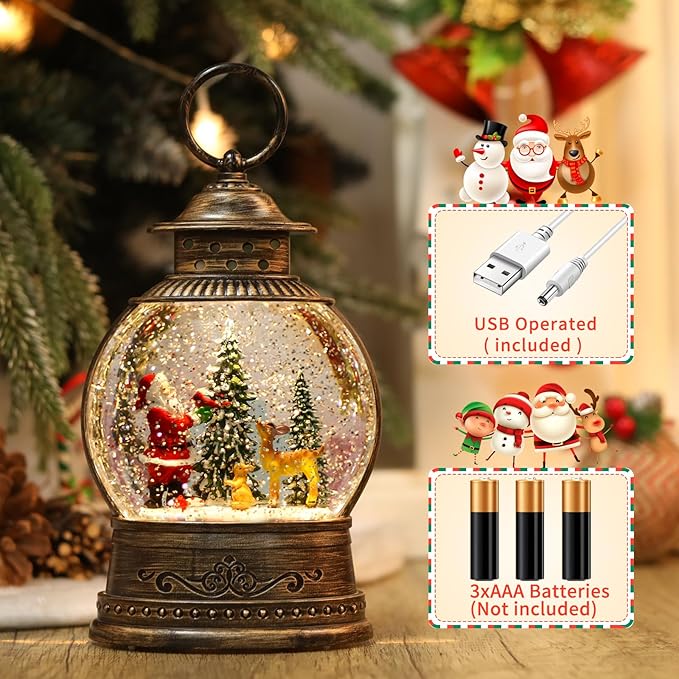 Christmas Snow Globes, Lighted Decorations Musical Snow Globes Lantern, Santa Christmas Decoration Indoor Home Décor & Gift, 6H Timer, USB/Battery Operated,