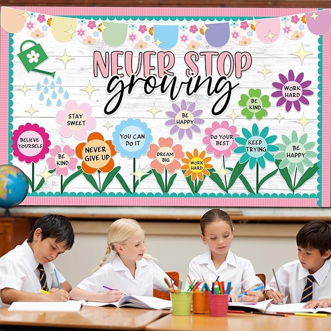 Spring Never Stop Growing Bulletin Board Classroom Decoration Grow Flower Cutouts Positive Paper Cutouts for Teacher Back to School Office Home Chalkboard Spring Inspirational Door Wall Decor Supplies