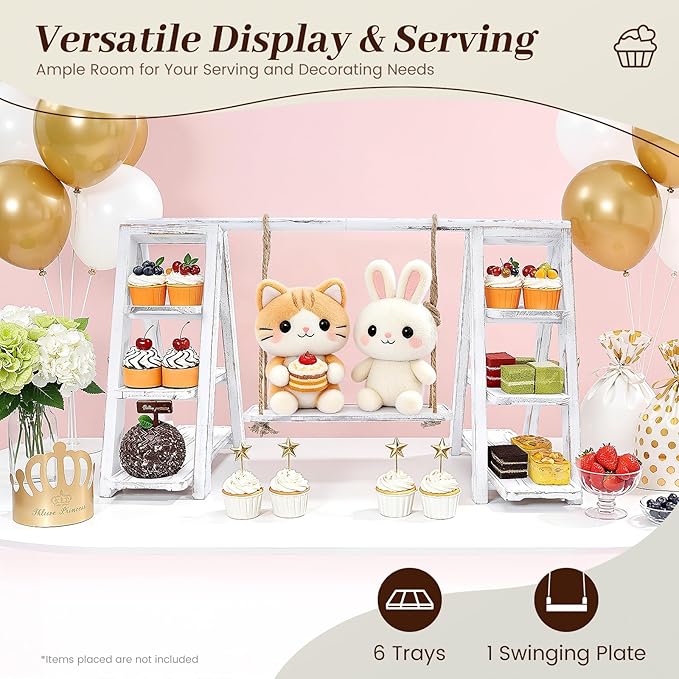 Wooden 3 Tiered Dessert Tray Stand Tool Free, Cupcake Serving Ladder Display Stand with Swing, Removable Trays and Foldable Stand for Cake Snack Fruit at Weddings, Anniversaries, Parties, Celebrations (White)