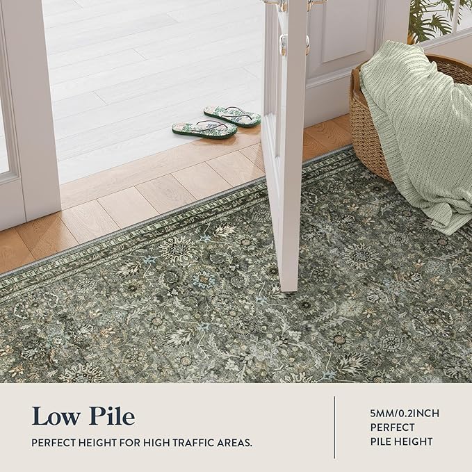 Lahome 5x7 Boho Bedroom Area Rug,Soft Vintage Washable Rugs for Living Room,Non Shedding Disdressed Floor Carpets for Home Decor Dining Room,Dark Olive Green