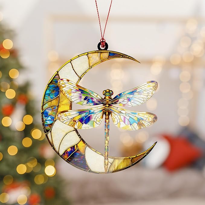 Dragonfly Gifts for Women, Dragonfly Moon Ornament for Christmas Tree Decoration, Birthday Gift for Mom, Mama Gifts Decor, Hanging Car Charm, Symbol of Love, Hope & Transformation