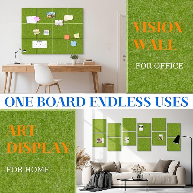 DOLLAR BOSS Large Cork Board for Wall 48" x 36" x 0.5" Bulletin Board 12 Packs Corkboard Tiles Self Adhesive Felt Wall Tiles for Office Home School, Green