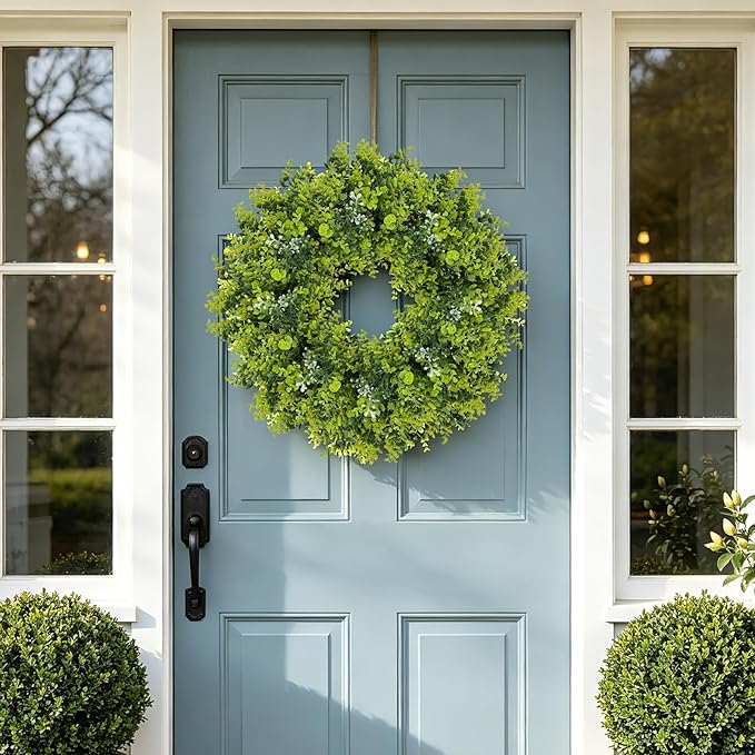 Large Boxwood Wreath for Front Door, 28" Artificial Spring and Summer Greenery Wreathwith White Flower Buds, All-Season Home Decor for Walls, Windows, Parties, Weddings, Indoor Outdoor