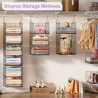 6 Tier Hanging Closet Organizers and Storage Stackable Hanging Closet Shelves with 4 Hooks 2 Adjustable Dividers, Wire Storage Basket Bins for Clothing Purse Sweaters Shoes Socks Dolls, Foldable