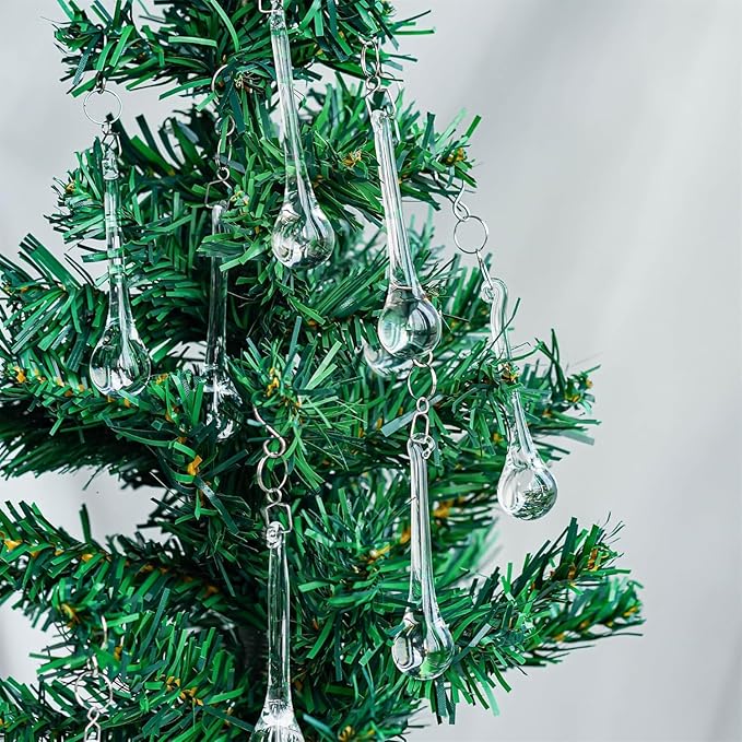 kanpura 20pcs Glass Raindrop Ornaments Glass Teardrop Hanging Ornaments Clear Chandelier Drop Pendant Decorations for Christmas Tree Winter Party Supplies (3 Inch)